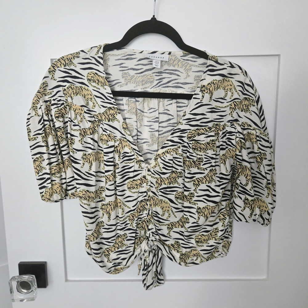 Top Shop Tiger Print Short Sleeve V-Neck And Tie Top
